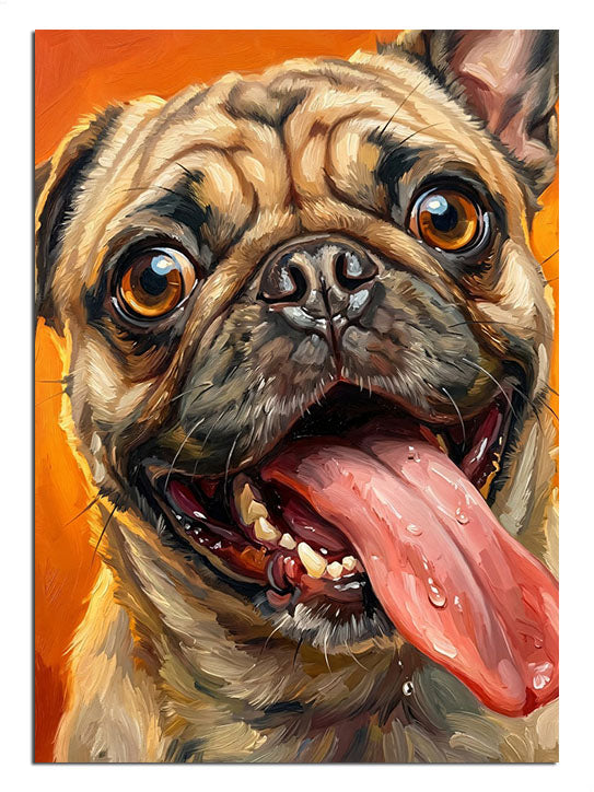Turuncu fonda dili dışarıda sevimli pug köpek portresi tablosu.