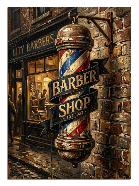 Gece ışıklı sokakta CITY BARBERS yazılı berber tabelası tablosu.