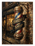 Gece ışıklı sokakta CITY BARBERS yazılı berber tabelası tablosu.