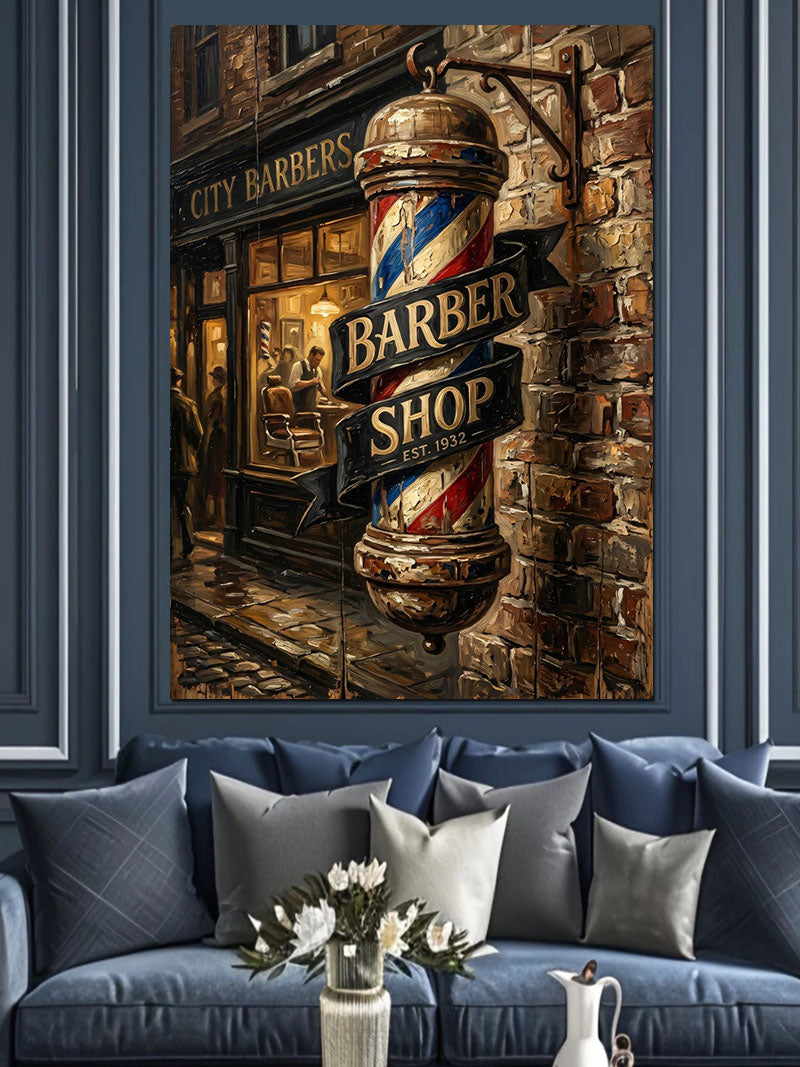 Gece Işıklı Barber Shop Tabelası Kanvas Tablo