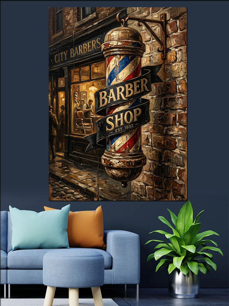 Gece Işıklı Barber Shop Tabelası Kanvas Tablo
