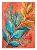 Turuncu fonda mavi yeşil sarı yaprakların soyut dal tablosu.