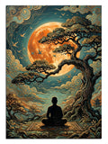 Turuncu dolunay altında ağaç ve meditasyon yapan adam silüeti manzarası tablosu.
