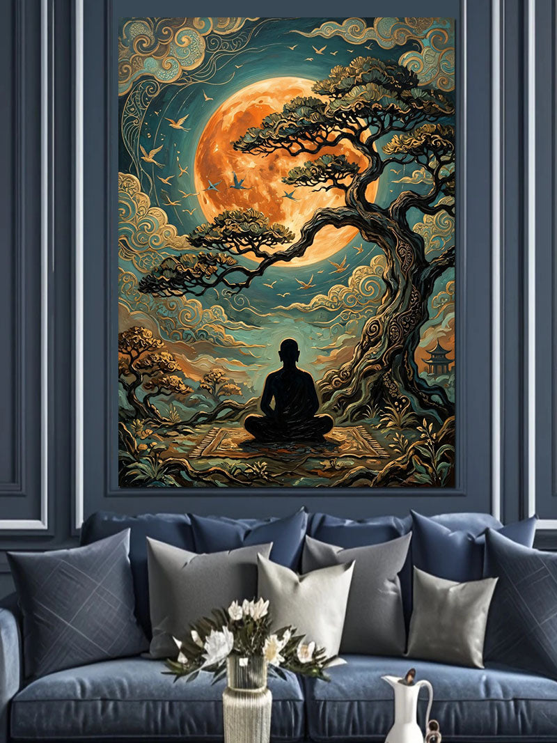 Dolunay Altında Meditasyon Yapan Adam Kanvas Tablo