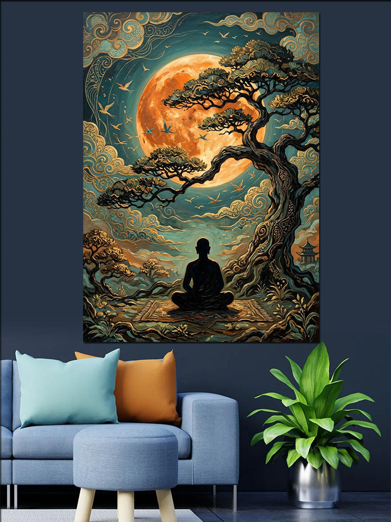 Dolunay Altında Meditasyon Yapan Adam Kanvas Tablo