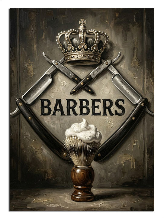 BARBERS yazılı taçlı ve jiletli berber tabelası vintage tablo.