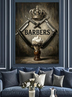 Taçlı Barbers Jiletli Tabela Tablosu Kanvas Tablo