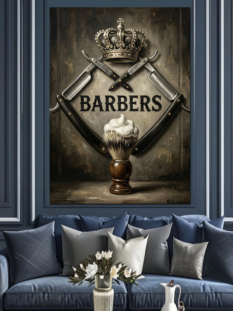 Taçlı Barbers Jiletli Tabela Tablosu Kanvas Tablo