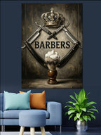 Taçlı Barbers Jiletli Tabela Tablosu Kanvas Tablo