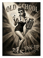 OLD SCHOOL PIN-UP yazılı mikrofonlu ve iskambil kartlı pin-up kadın posteri tablosu.