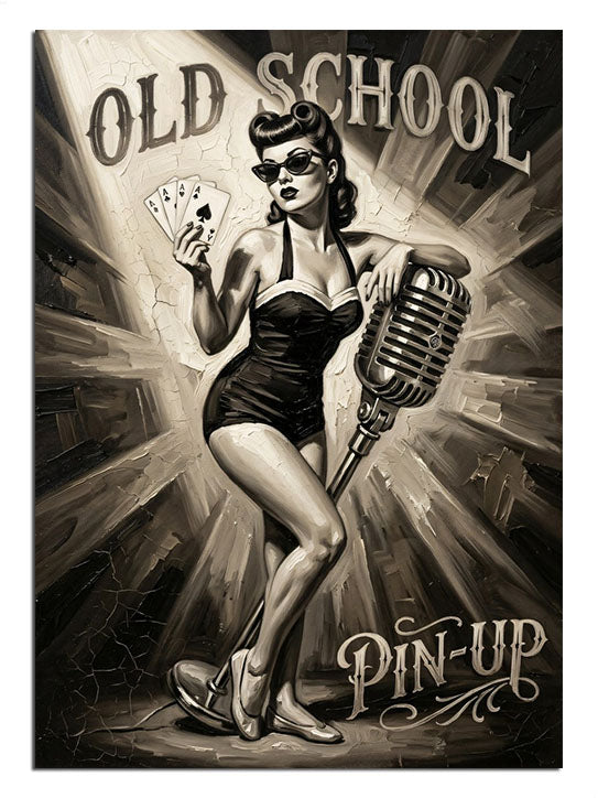 OLD SCHOOL PIN-UP yazılı mikrofonlu ve iskambil kartlı pin-up kadın posteri tablosu.