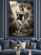 Mikrofonlu Old School Pin-up Kadın Kanvas Tablo