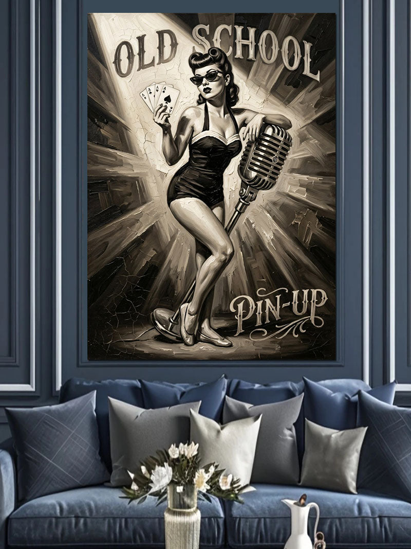 Mikrofonlu Old School Pin-up Kadın Kanvas Tablo