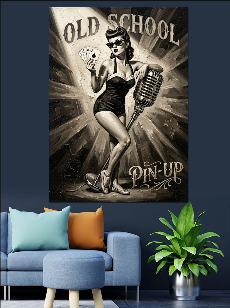 Mikrofonlu Old School Pin-up Kadın Kanvas Tablo
