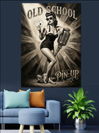 Mikrofonlu Old School Pin-up Kadın Kanvas Tablo