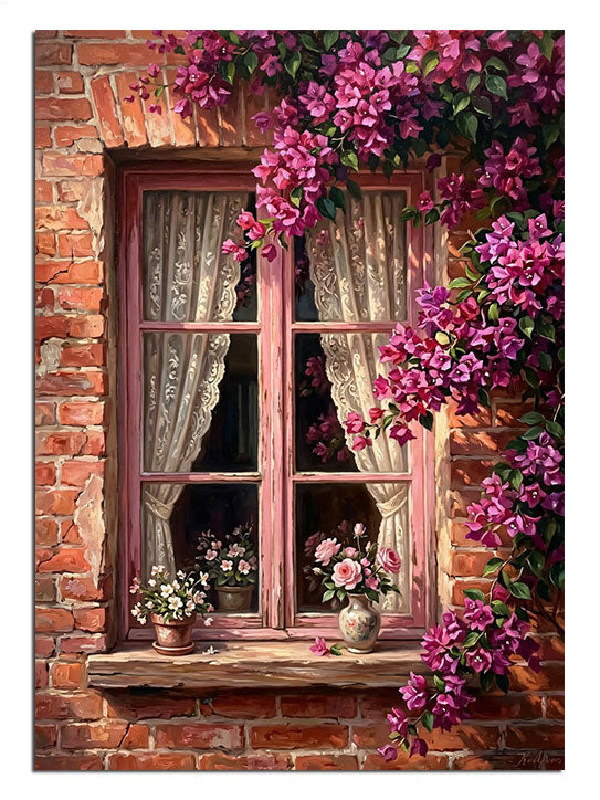 Tuğla duvar üzerinde pembe begonvilli pembe çerçeveli pencere manzarası tablosu.