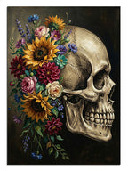 Renkli çiçeklerle süslü insan kafatası yan profil tablosu.