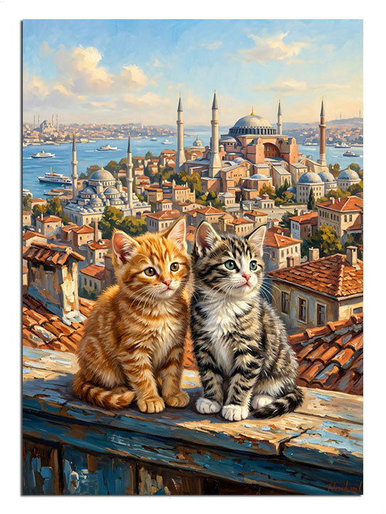 Çatıda İstanbul ve Ayasofya manzaralı iki kedi portresi tablosu.
