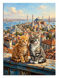 Çatıda İstanbul ve Ayasofya manzaralı iki kedi portresi tablosu.