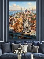 Çatıda İstanbul Manzaralı İki Kedi Kanvas Tablo