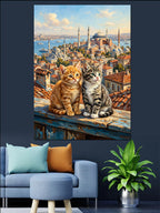 Çatıda İstanbul Manzaralı İki Kedi Kanvas Tablo