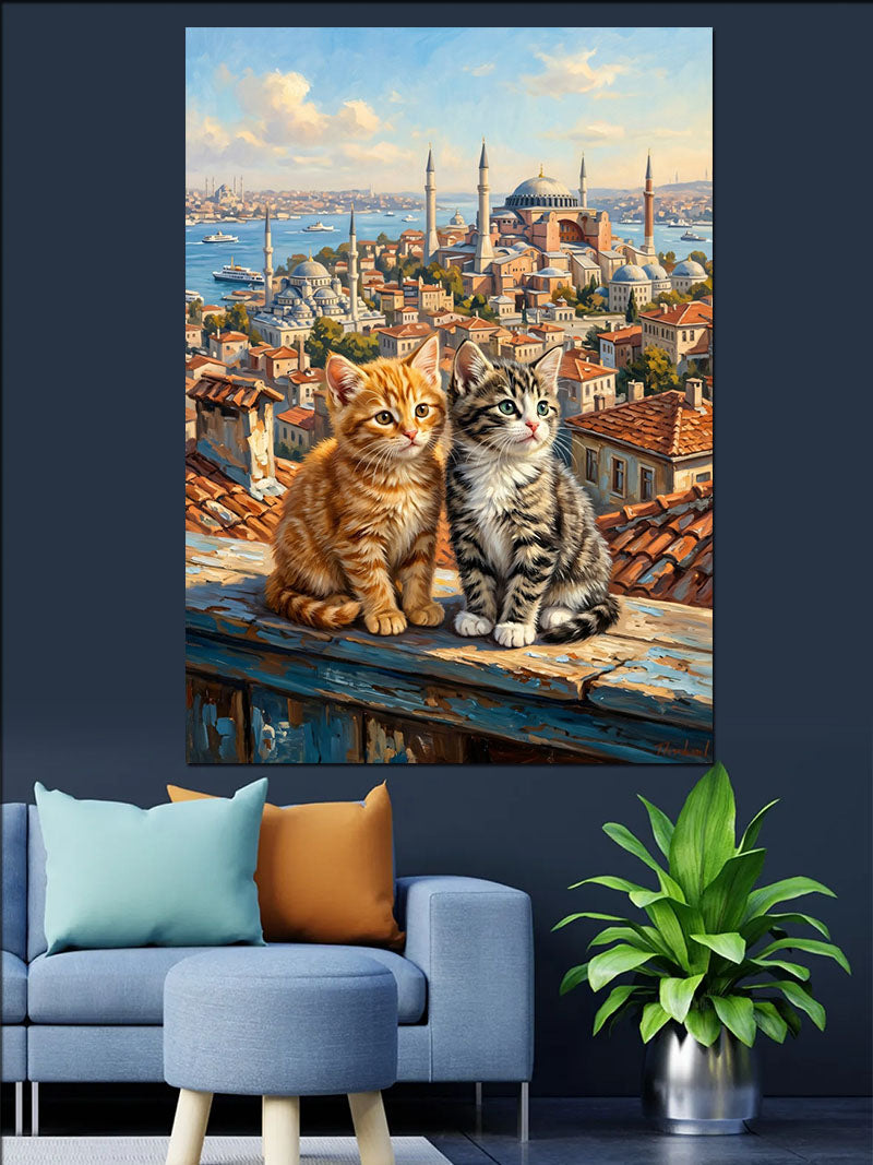 Çatıda İstanbul Manzaralı İki Kedi Kanvas Tablo
