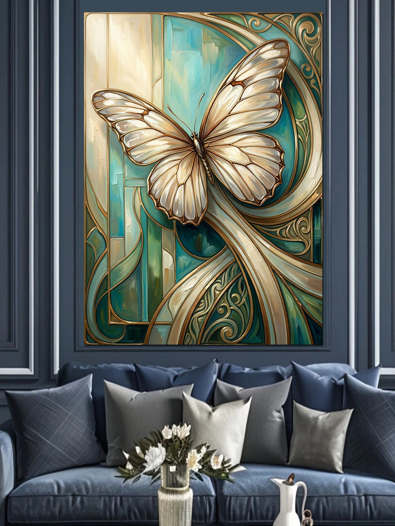 Mavi Altın Kelebek Art Nouveau Kanvas Tablo