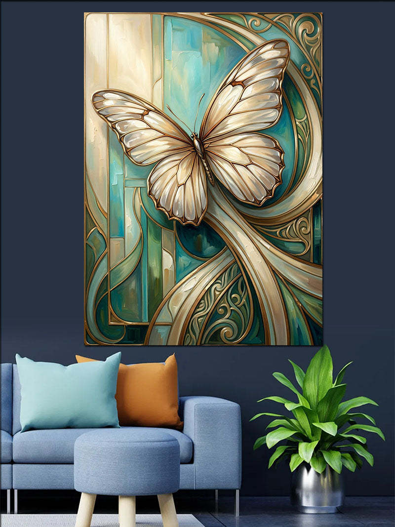 Mavi Altın Kelebek Art Nouveau Kanvas Tablo