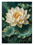 Koyu yeşil fonda beyaz lotus çiçeği ve yeşil yaprakları tablosu.