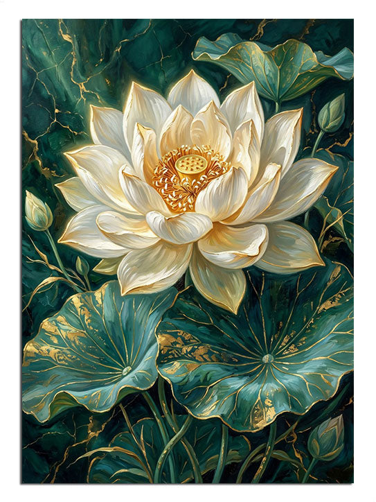 Koyu yeşil fonda beyaz lotus çiçeği ve yeşil yaprakları tablosu.