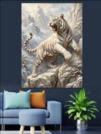 Karlı Dağda Kükreyen Beyaz Kaplan Kanvas Tablo