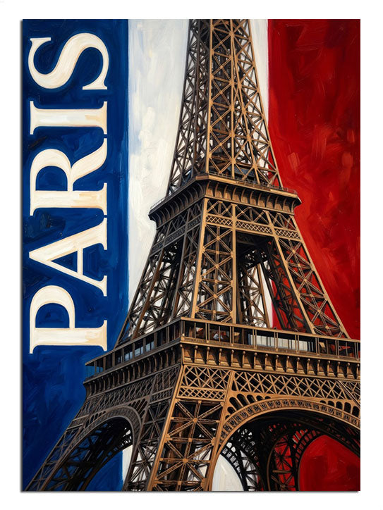 PARIS yazılı Eyfel Kulesi afişi mavi beyaz kırmızı poster tablosu.