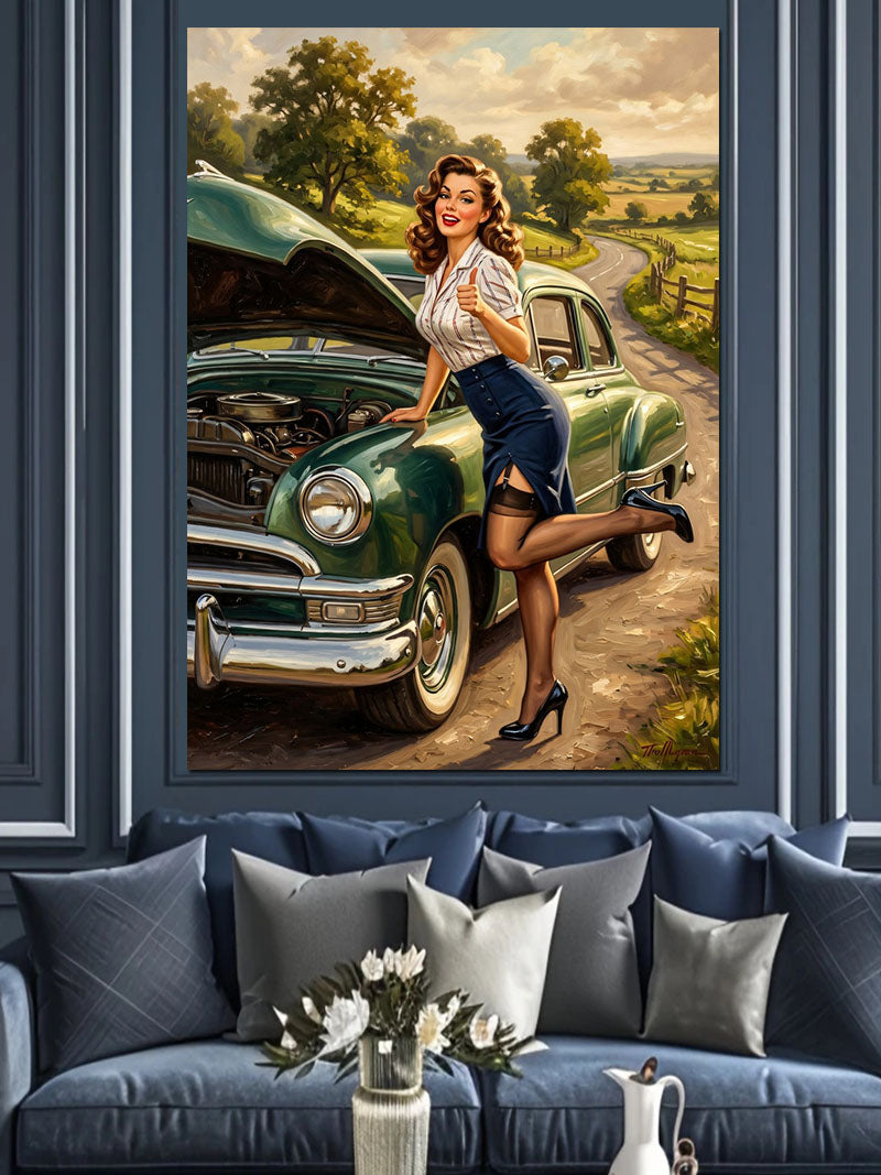 Arızalı Yeşil Araba ve Pin-up Kanvas Tablo