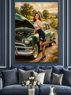 Arızalı Yeşil Araba ve Pin-up Kanvas Tablo