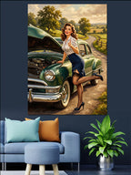 Arızalı Yeşil Araba ve Pin-up Kanvas Tablo