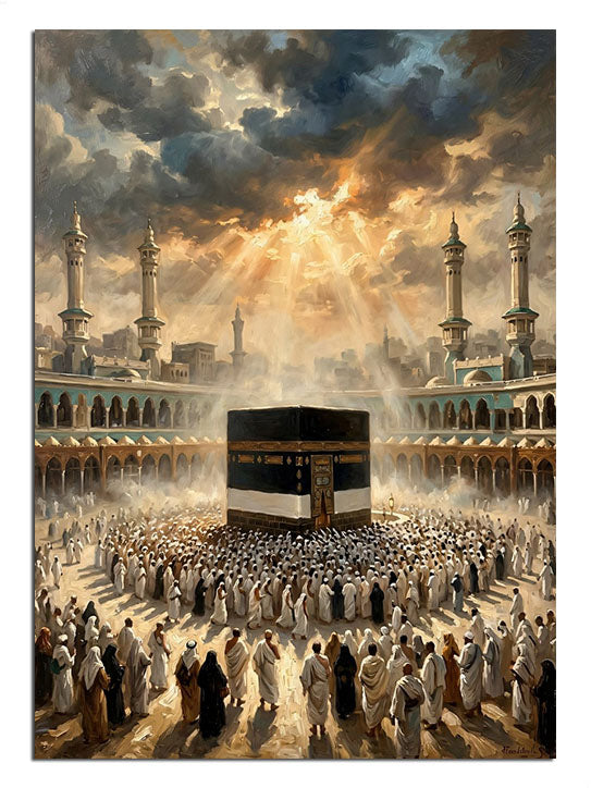 Işık huzmeleri altında Kabe ve tavaf eden hacı kalabalığı manzarası tablosu.