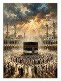 Işık huzmeleri altında Kabe ve tavaf eden hacı kalabalığı manzarası tablosu.