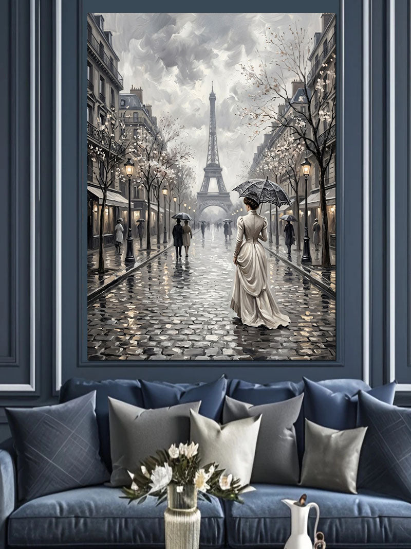 Yağmurlu Paris Eyfel Kulesi Sokağı Kanvas Tablo