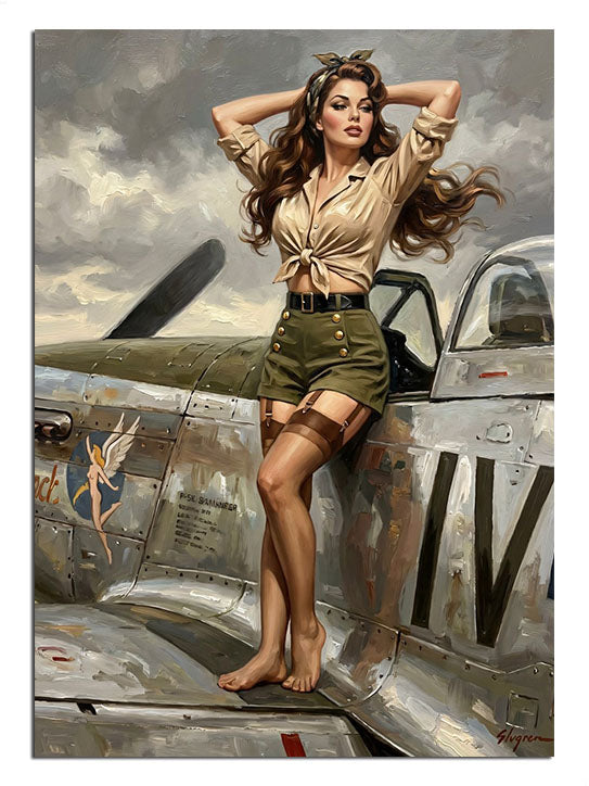 Savaş uçağı üzerinde oturan askeri şortlu pin-up kadın tablosu.