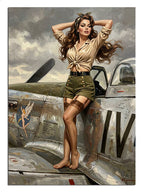 Savaş uçağı üzerinde oturan askeri şortlu pin-up kadın tablosu.