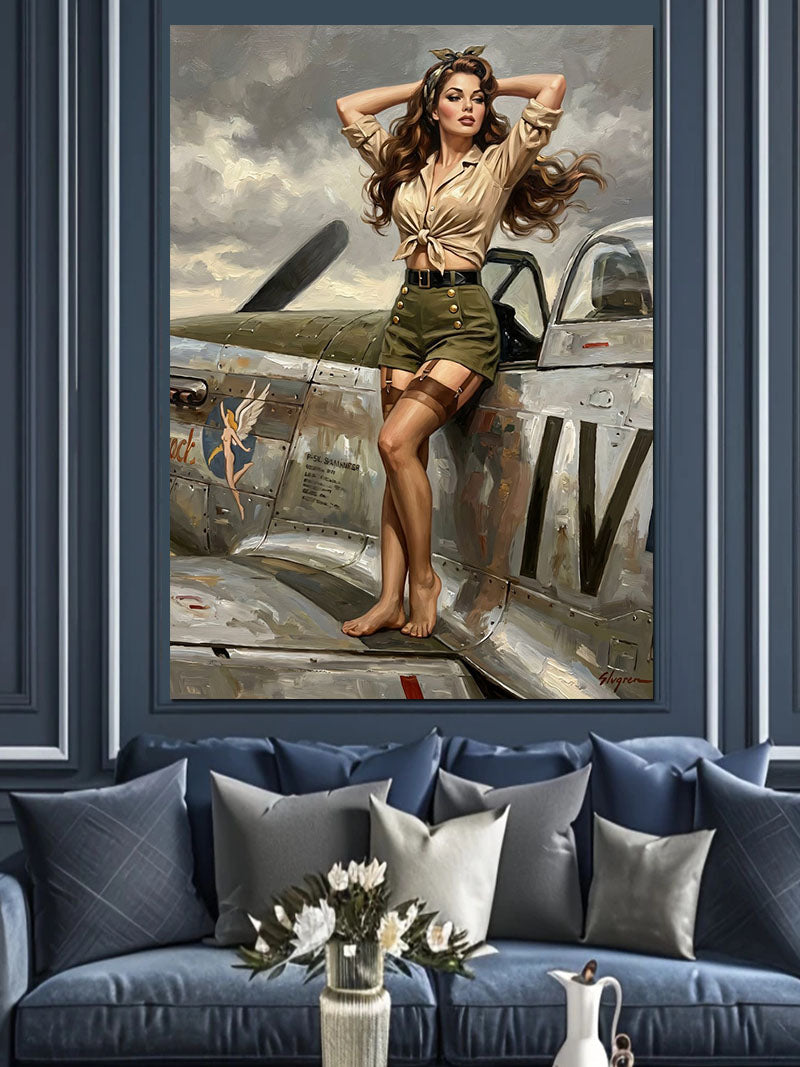 Savaş Uçağı Üzerinde Pin-up Kanvas Tablo
