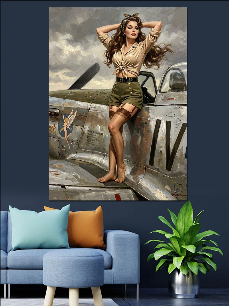 Savaş Uçağı Üzerinde Pin-up Kanvas Tablo