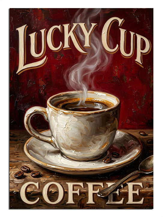 LUCKY CUP COFFEE yazılı buharlı kahve fincanı vintage afiş tablosu.
