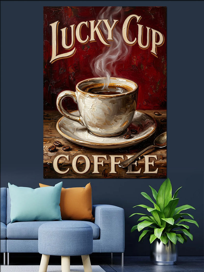 Lucky Cup Buharlı Kahve Afişi Kanvas Tablo