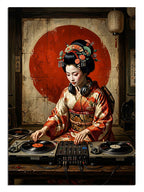 Kırmızı güneş önünde DJ kabininde plak çalan Japon geyşa kadın tablosu.