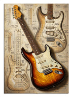 Eski teknik çizim kağıdı üzerinde sunburst elektro gitar tablosu.
