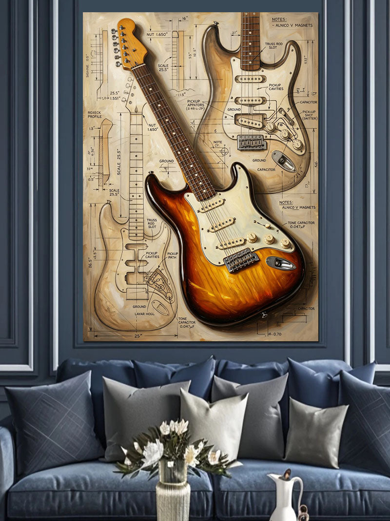 Teknik Çizimli Elektro Gitar Planı Kanvas Tablo