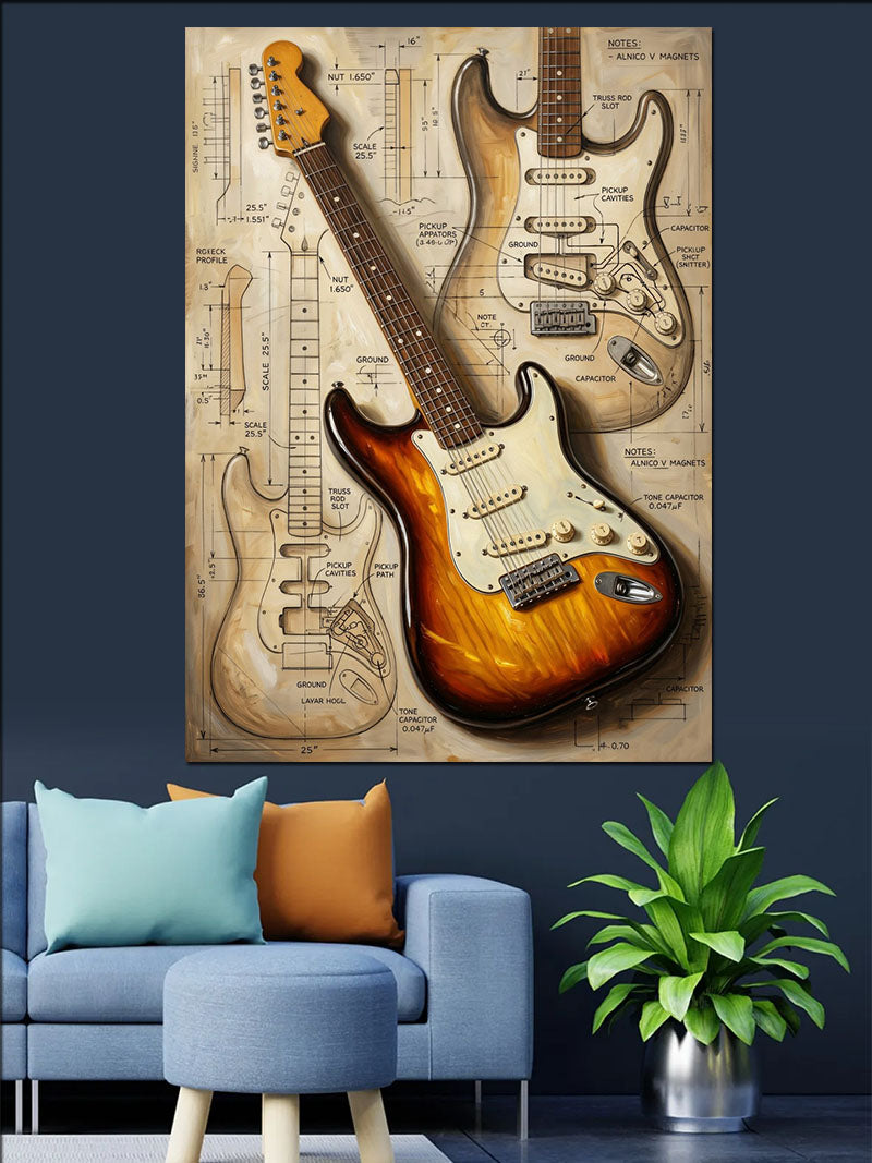 Teknik Çizimli Elektro Gitar Planı Kanvas Tablo
