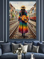 Tren Rayında Gitarlı Gökkuşağı Kadın Kanvas Tablo