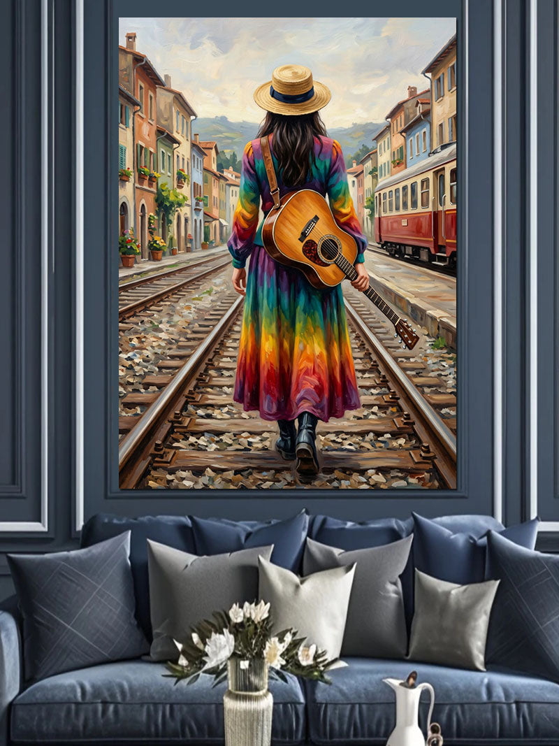 Tren Rayında Gitarlı Gökkuşağı Kadın Kanvas Tablo